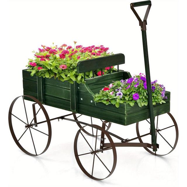 TEMU 1pc GOFLAME Pot de fleurs décoratif en bois avec double compartiment pour jardin, patio, balcon - Chariot à fleurs d'extérieur avec roues à