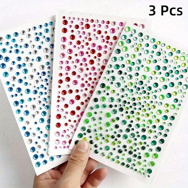 TEMU 975pcs (3 Sheets) Of Self-adhesive Rhinestone Stickers, Suitable For Face, Nails, Body Makeup, Shiny Gem Stickers, Earrings, Diy Crafts, And Card Decorations (325pcs Per Sheet).