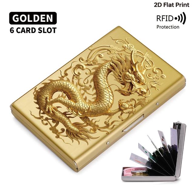 TEMU 세련된 금색 용 디자인의 RFID 차단 메탈 지갑. 남녀 모두에게 적합하며, 안전한 카드 슬롯이 여러 개 포함되어 있습니다. 블랙 및 실버로 세련되게 연마되어 아버지의 날과 같은 특별한 날에 완벽한 선물입니다.
