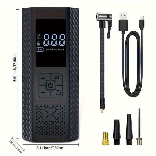 TEMU Portable Tire Inflator Air Compressor, 150 Psi Car Tire Pump With Tire Pressure Gauge, Led, 3x Fast One- Cordless Tire Pump, Suitable For Cars, Motorcycles, Bicycles, Balls, Etc.