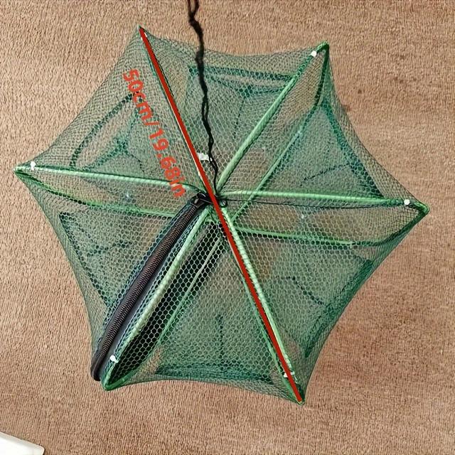 TEMU A Portable 6-hole Folding Fishing Net Trap- Durable Pa Nylon Lobster Trap, Suitable For Eels And Fish- Green, 1 Package