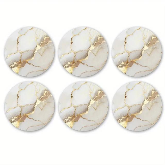 TEMU 6pcs Imitation Marble Pattern Round Wooden Coaster Set, Wooden Material, With Golden Texture - Elegant White, Black, Golden And Gray Marble Pattern - Suitable For Coffee Table, Dining Table