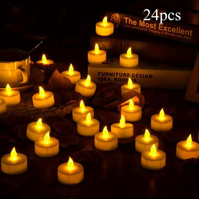 TEMU 12/24 قطعة شموع LED واقعية بدون لهب مع تأثير اللهب - أضواء تعمل بالبطارية بدون شمع - مناسبة للحفلات، الأعراس، أعياد الميلاد - إضاءة زينة خارجية (بلاستيك)