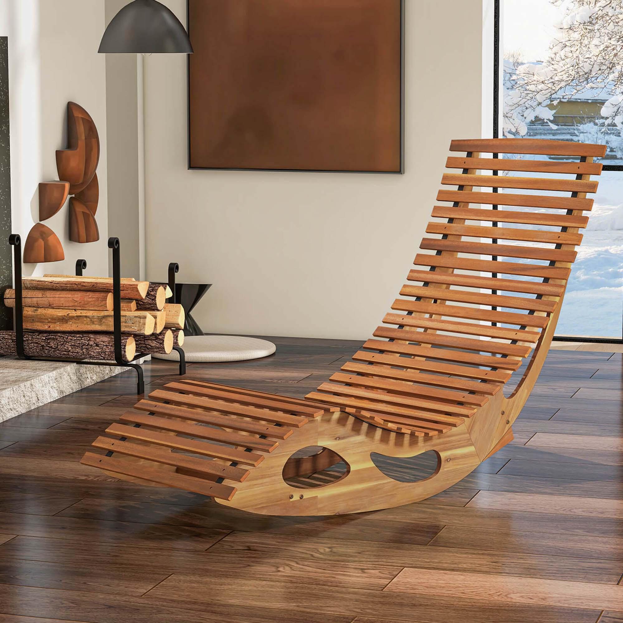 TEMU Multigot Outdoor Chaise Lounge With High Back Slatted Seat Stopper Outside Wood Rocker