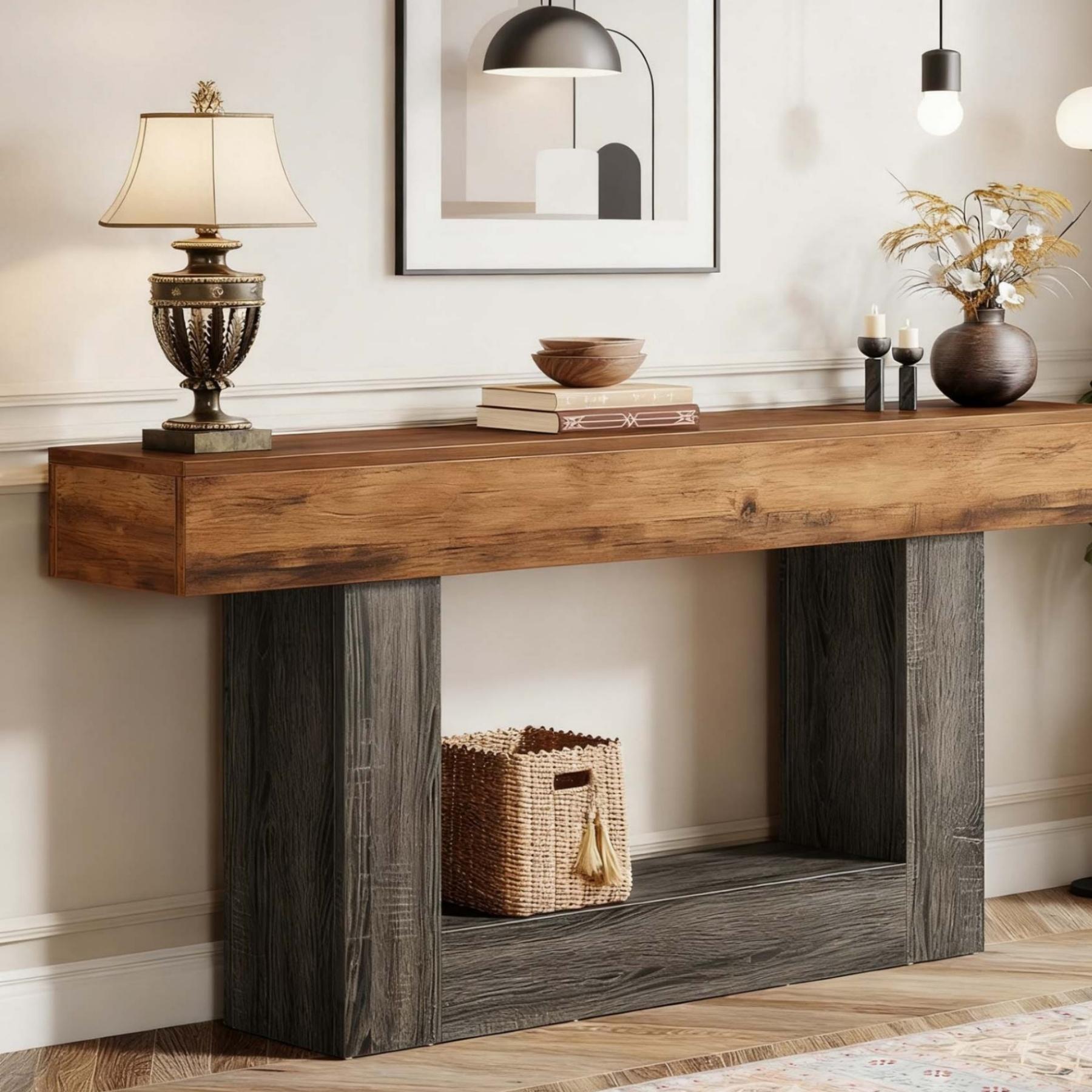 TEMU 63" Console Table With 2-tier Shelves & U-shaped Base - Narrow Long Sofa Table Suitable For Living Room, Hallway, Behind Couch Table - Wood Entryway Table, , Versatile Accent Piece For