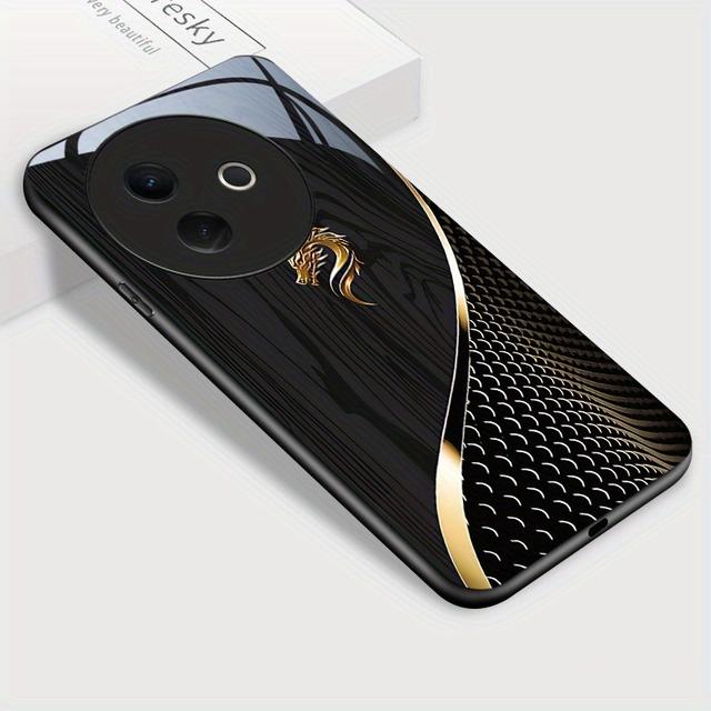 TEMU Funda para teléfono - Funda para Vivo Y39 5G, Cabezal de dorado y cubierta trasera de vidrio templado con grano de madera negra a prueba de golpes