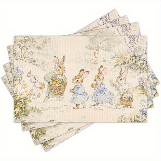 TEMU Set Of 4 Classic Bunny Multi-position Placemats - Washable, Ideal For Holiday Gatherings, Home Decor, Kitchen Table, Rectangular Dining Celebration Mats