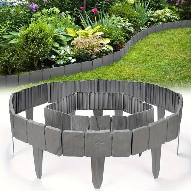 TEMU 20pcs Gray Stone Effect Plastic Garden Border Edging Fence For Flower Bed Border Frame, Patio Decorative Fencing Garden Edging