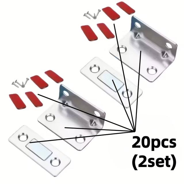 TEMU 20pcs (8pcs Screws, 8pcs Tapes & 4pcs Magnetic Metal Plates) Heavy-duty Magnetic Door - No Drill Installation, Door Lock With Strong , Mounting, Seamless Release, For Cabinets, Sliding Doors