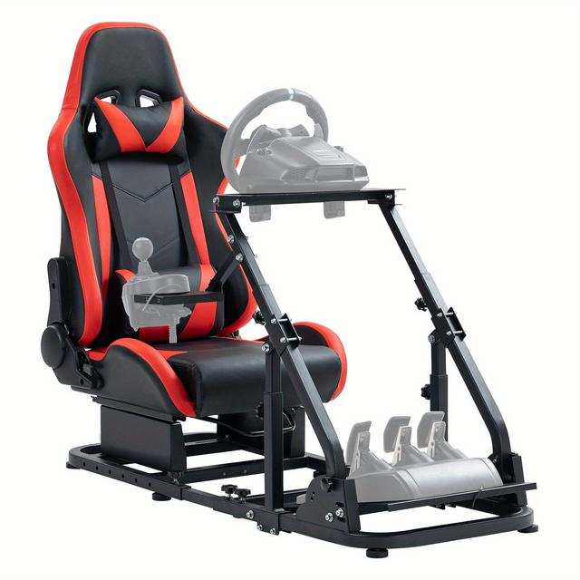 TEMU Zootopo More Stable Racing Sim Cockpit Frame With Red Seat - Compatible With , , T300rs & More - Adjustable Steering Wheel Stand, Reinforced Bar, , 450 Lbs Capacity, Easy Assembly