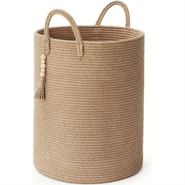 TEMU 1 Large Woven Basket | Braided Rope Basket With Handle, Multi-functional Storage For Blankets, Yoga Mats, Laundry - Ideal For Laundry Room, Study, Bedroom, Living Room, Shelf Baskets