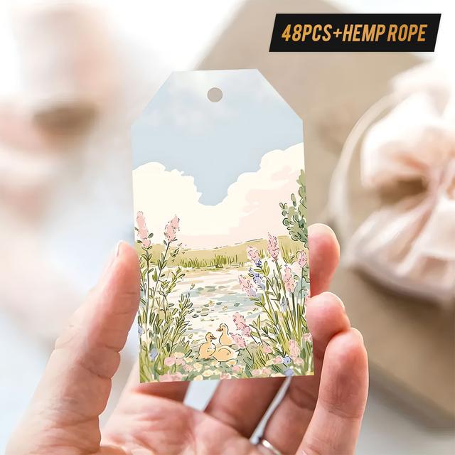 TEMU 48pcs Gift Tags With Twine, Pond With Ducks And Blooming Design, Good For Birthday, Wedding, Anniversary, , Gatherings, Parties And Of Occasions
