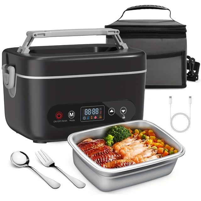 TEMU Portable Self-heating Lunch Box With 12000mah Rechargeable - Food Warmer, 304 Stainless Steel Thermal, Removable Container & Utensils Suitable For Office, Car, Outdoor, Christmas Gifts