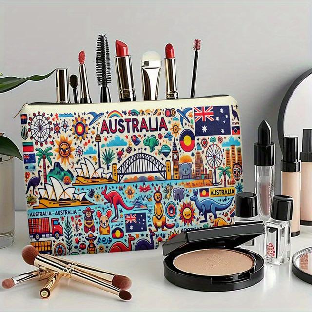 TEMU 1pc Australia Animal Print Linen Cosmetic Bag With Zipper, Multifunctional Travel Organizer, Toiletry Storage Pouch, Portable Stationery Case, Ideal Gif