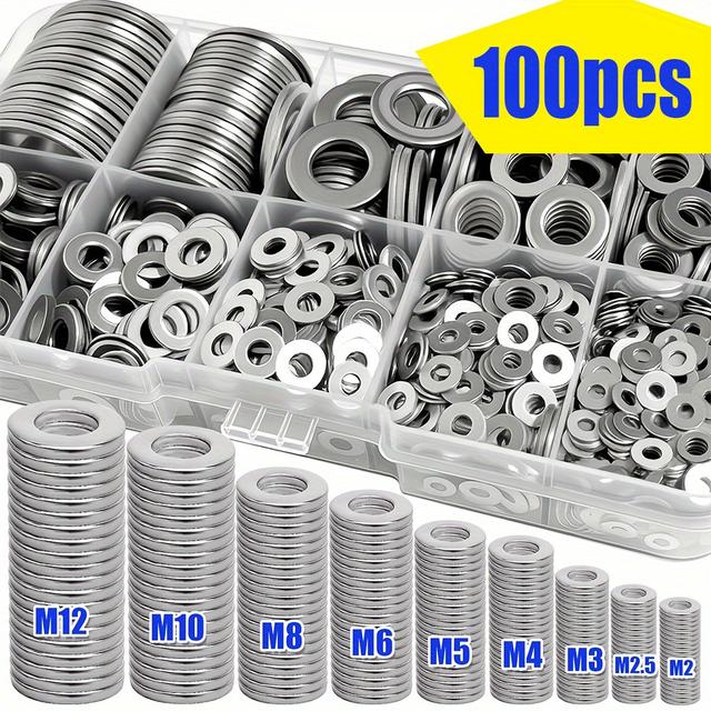 TEMU 100/600pcs Metal Flat Washer Combination Kit M2-m12, Suitable For Home Decoration, Industrial Maintenance, Kitchen, Shop And Outdoor Construction