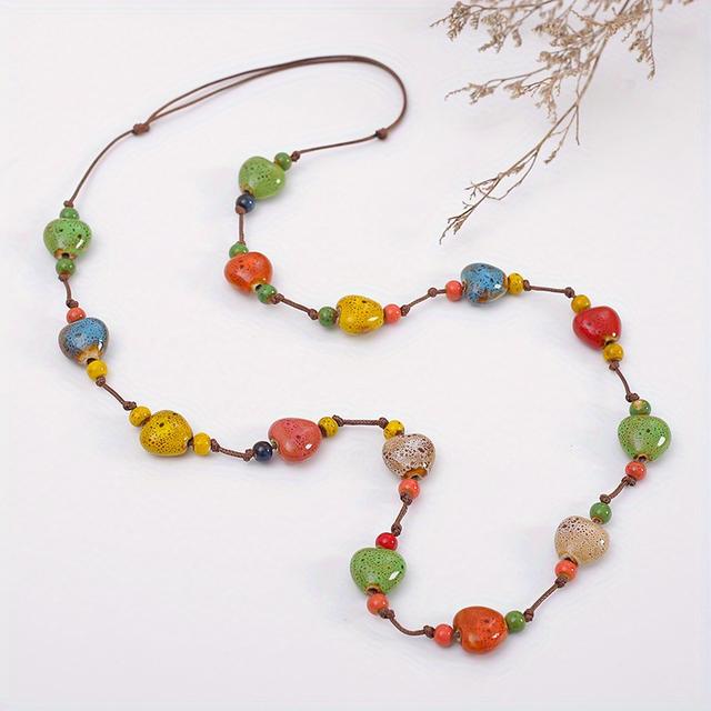 TEMU Vibrant Multicolored Ceramic Heart Bead Necklace With Twine Cord - Boho Chic Long Pendant Necklace For Women, Casual Attire And