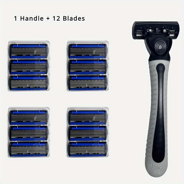 TEMU Men's 6-layer Manual Razor Set, Includes 1 Handle And 12 Replacement Cartridges - Perfect For Grooming!