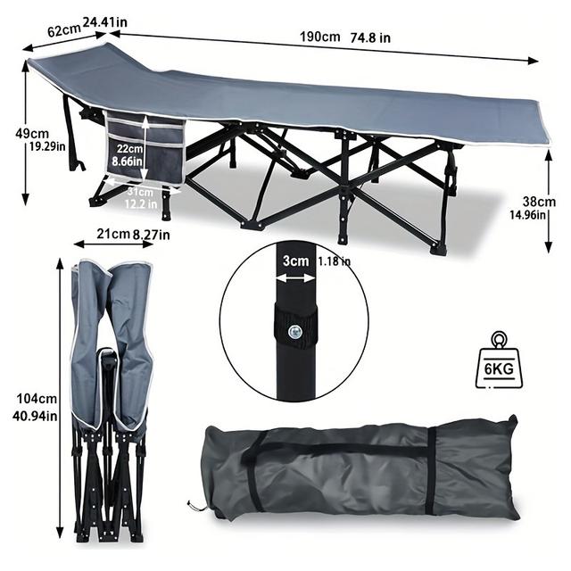 TEMU 190 x 62 x 38 cm Faltbett Faltbares Outdoor-Campingbett Lounger Indoor Faltbett mit Seitentaschen und Tragetasche 250 kg Belastung Geeignet für Camping Büro