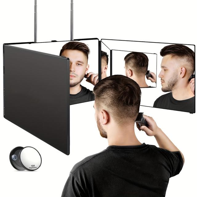TEMU 3-way Mirror For Hair Styling, Folding Mirror For Shaver And Makeup, Height Adjustable, With 2 Fixed Nails Self Grooming Mirror Gift For Men Or Women