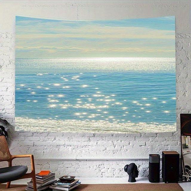 TEMU 1pc Sunlit Ocean Waves 테이프스트리 - 금빛 햇살이 있는 청색 바다, 거실, 침실, 사무실 장식에 이상적, 폴리에스터 재질, 180-200 g/㎡, 햇빛이 드는 방 액센트|생생한 벽화|내구성 있는 장식용 천, 해변 장식