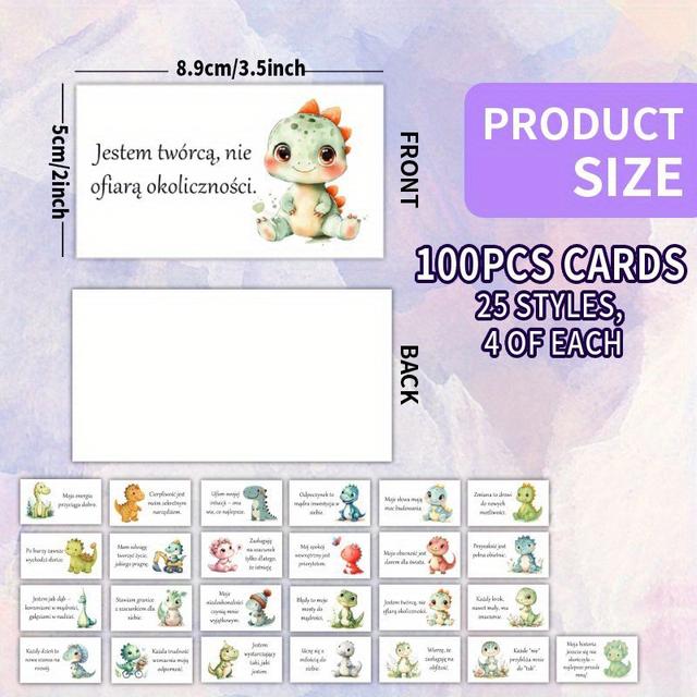 TEMU 100pcs Card Set - Polish Cute Dinosaur - - Themed Inspirational Quote Cards, 25 Unique Styles, Suitable For , Family, Festivals, Encourasynthetic Gemstoneent & Gratitude