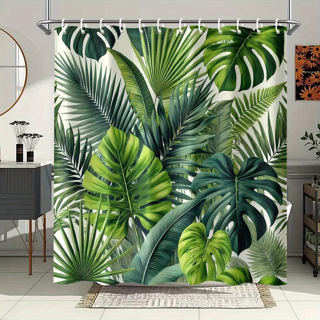 TEMU 12本のフックを備えたな緑の葉柄のシャワーカーテン、71×71インチ、ポリエステル製、家庭用バスルームの装飾に適しています。なシャワーカーテンパーティション、すべてのバスルームとロッドにフィットします。すべてのに適しています。屋内と屋外の両方で使用できます。