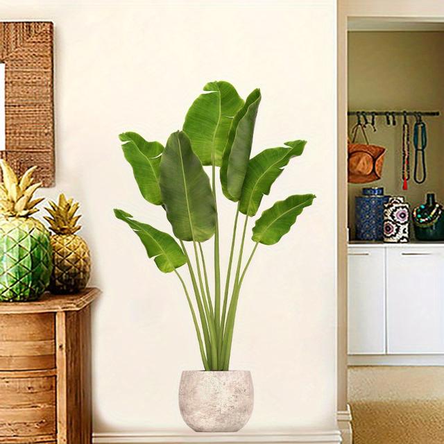 TEMU 1pc Green Plant Pvc Wall Sticker - Self-adhesive Potted Plant Leaves Decal For Home, Bedroom And Living Room Decoration - Self-adhesive Backing For Easy Application And Removal