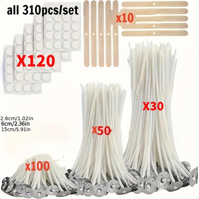 TEMU 310 Candle Wick Set, Candle Wick, Holder And Base Label Sticker, Multiple Sizes , Suitable For Cylindrical Candles And Candle Additions, Candle Making Materials