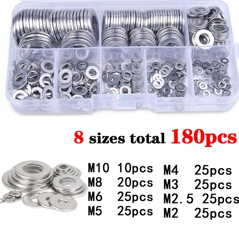 TEMU 180pcs Washers For Screws, Stainless Steel Flat Washers, Flat Washers For Bolts Assortment, Fender Washers Set, 9 Sizes(m2 M2.5 M3 M4 M5 M6 M8 M10) For Industrial