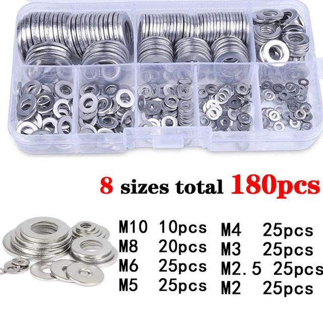 TEMU 180pcs Washers For Screws, Stainless Steel Flat Washers, Flat Washers For Bolts Assortment, Fender Washers Set, 9 Sizes(m2 M2.5 M3 M4 M5 M6 M8 M10) For Industrial