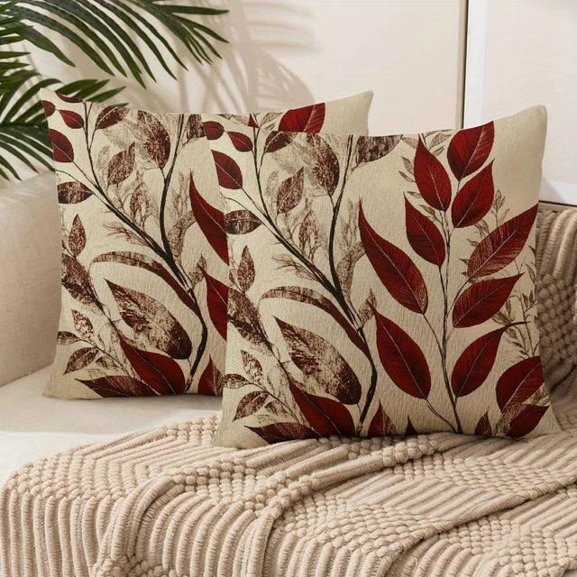TEMU غطاء وسادة مزخرف يتميز بنمط فرع رومانسي لخريف بألوان النبيذ الأحمر، والبني الداكن، والعاجي، مثالي لغرفة المعيشة أو الأريكة أو غرفة النوم.