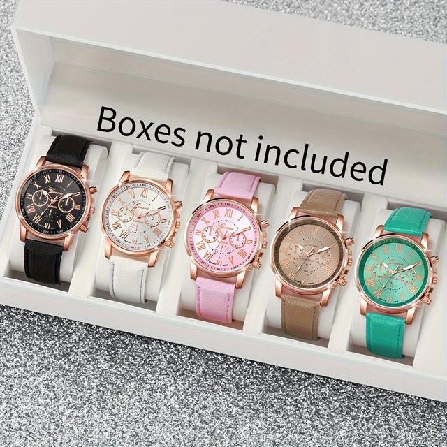 TEMU ساعات كوارتز نسائية عصرية مكونة من 5 قطع بعقارب رومانية وغطاء من السبيكة وحزام من الجلد الصناعي وبطارية غير قابلة للشحن وصندوق دائري، صندوق مرفق.