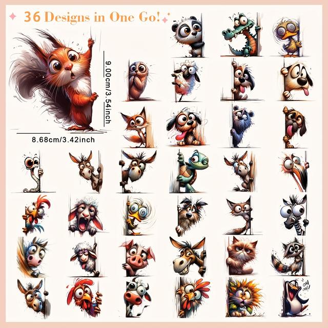 TEMU 36pcs Quirky Animal Diy Transfer Transfer Stickers Washable Heat Transfer Design No-decals For T-shirts Masks Jeans Backpacks