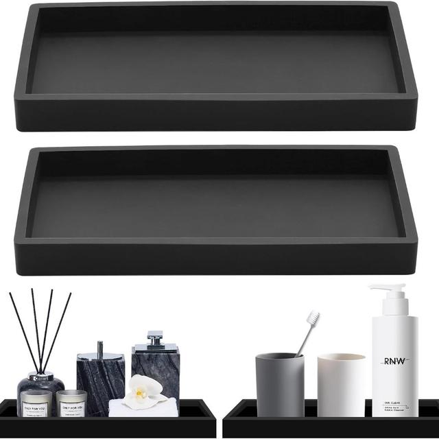 TEMU 2pcs Black Silicone Bathroom Trays - Decorative Vanity & Sink Organizer, Bathtub, Kitchen, And Toilet Storage, Striped Pattern, Durable Plastic, Dressing Table Tray, Bathroom Trays