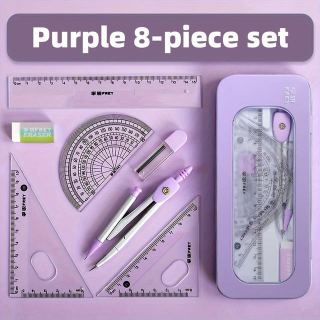 TEMU Juego de 8 Piezas de Herramientas de Medición y Dibujo, con Caja de Hierro con Ventana - Juego de , Material de Examen y Dibujo, Regla de Medición, Transportador,