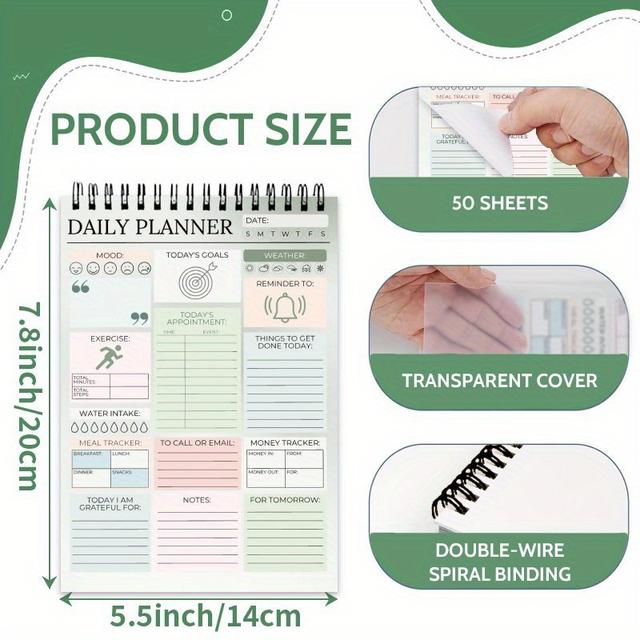 TEMU Daily Planner, To Do List Notepad: With Multiple Functional Sections - 50 Sheets - Spiral Daily Planner Notebook - Task Checklist Organizer Agenda Pad For Work - Note And Todo Organizatio