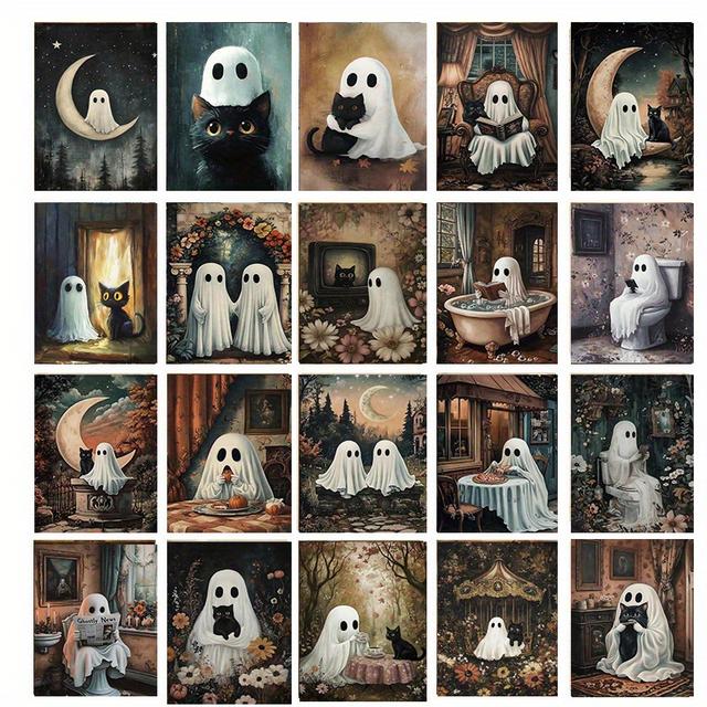 TEMU 20pcs Modern Creative Halloween Night Couple Art Postcards, Of And Black Cats Halloween Decoration Living Room, Bedroom, Office Wall Decoration, Holiday Birthday Gifts