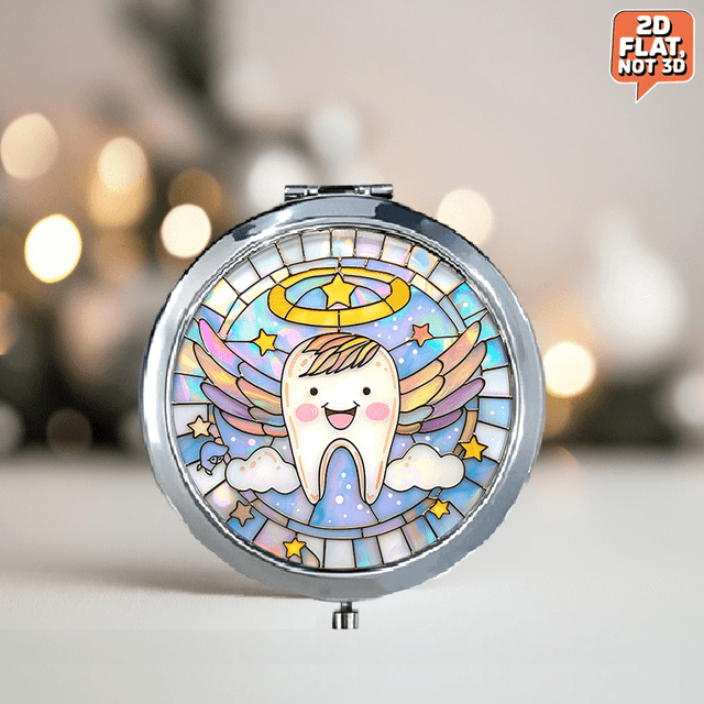 TEMU 1pc Cute Tooth-shaped Mini Folding Mirror With Wings & Halo - Portable Round Makeup Mirror Suitable For Travel, Daily Use, Purse - & S, Themed Accessory, 2d Flat