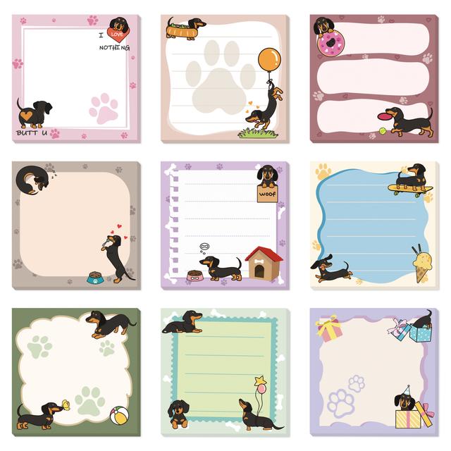 TEMU 9pcs Cute Dachshund Sticky Notes- 3x3 Self-stick Notepads With 270 Sheets, 9 Unique Cartoon Dog Designs, Pastel Colors& - Perfect Gift For Dog Lovers, Office, School, Home Use