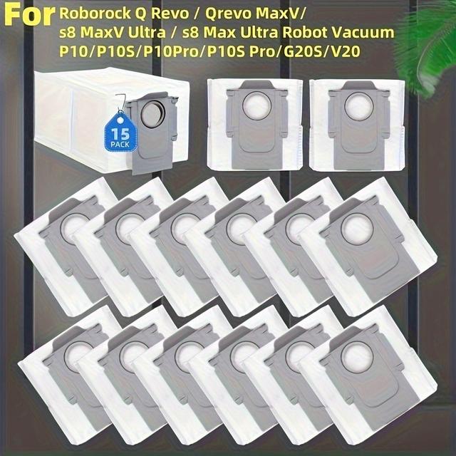 TEMU Roborock Q Revo, Q Revo S, Q Pro, MaxV, Master & S8 시리즈용 15개입 고효율 일회용 먼지백 - 대용량 진공청소기 교체용 백