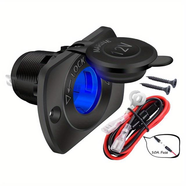 TEMU Gniazdo wtyczki samochodowej 12V z niebieskim diodą LED - Wytrzymały materiał PC, gniazdo zasilania 12V do łodzi, skutera, kampera, ATV, UTV i innych, nie wymaga baterii