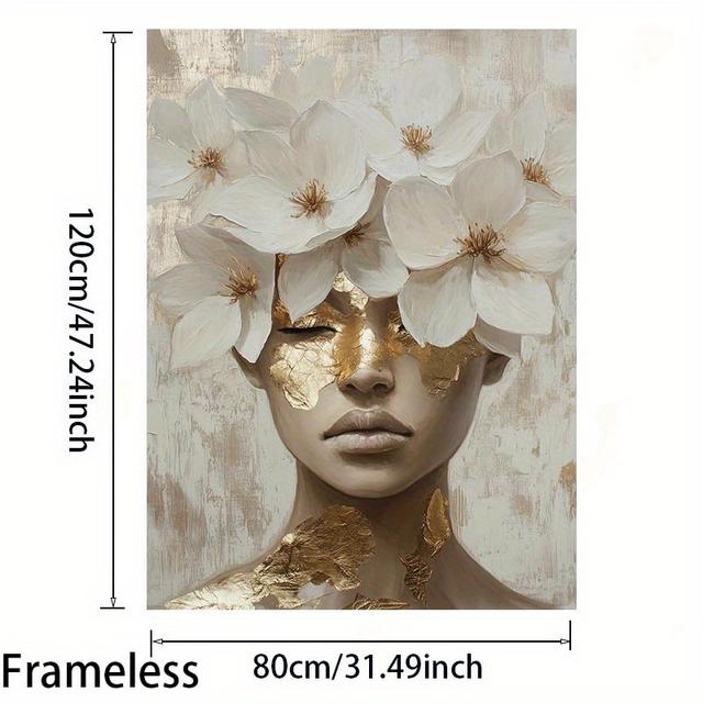 TEMU Large Frameless Canvas Art - Elegant Woman With , 31.5x47.2 Inches, Golden Accent Wall Decor For Bedroom & Living Room, Sophisticated Design | Textured Background, Room Decor