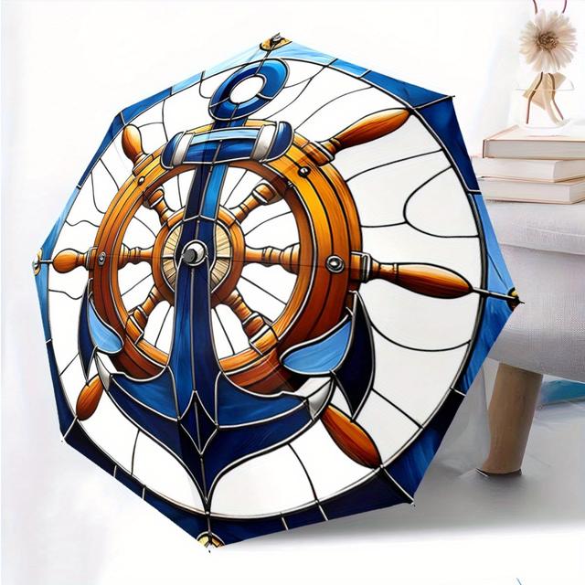 TEMU A Portable Collapsible Umbrella Featuring An Anchor And Design. This Casual Outdoor Accessory Is Suitable For Any Season And Makes A Great Gift For Christmas, Birthdays, Or Festivals