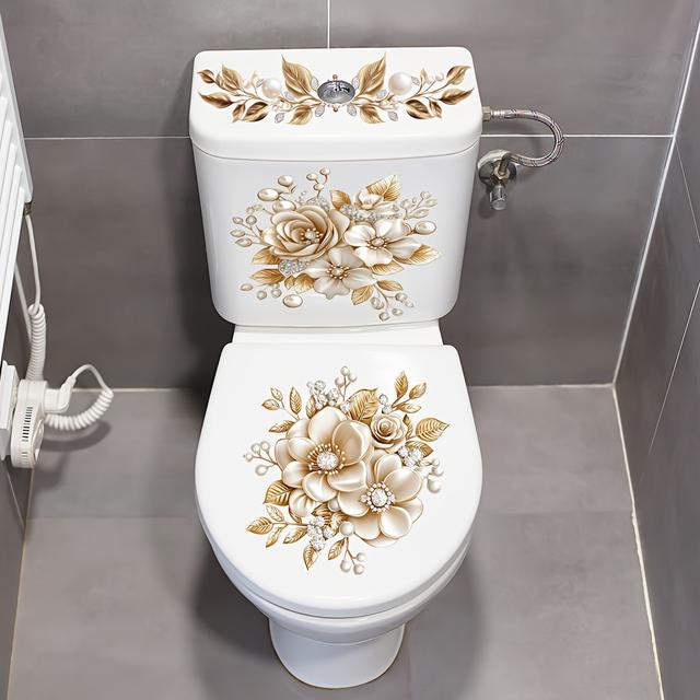 TEMU Colorful Floral Toilet Sticker Set, Self-adhesive Removable Bathroom Home Decoration Stickers, Golden Floral Toilet Stickers With High-end Feel, Bathroom Decoration Stickers