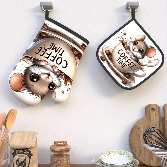 TEMU 2pcs Heat-resistant Oven Mitts & Potholders - Cute Mouse, Gray -themed, Mitts And Pot Holders Suitable For Cooking, Baking, Grilling, Camping, Picnics - Ideal For S &, Great Holiday Gift