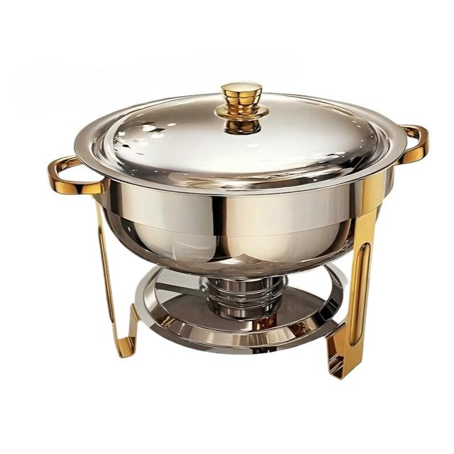 TEMU Golden Round Insulated Pot, 5qt Stainless Steel Round Heating Plate With Lid, Suitable For Catering, Parties, Weddings, Cooking.