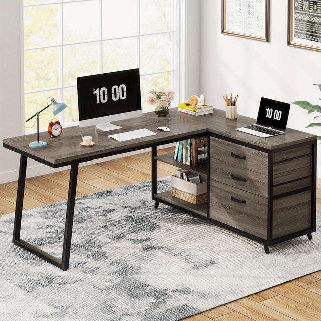TEMU Corner Computer Desk L Shape, 53 Inches, Reversible, Featuring 3 Drawers And Shelves, Ideal For A For Home Office