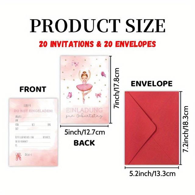 TEMU Invitations Letter 20 Cards And 20 Envelopes, Pink Dancer German Party - Milestone Birthday Party Cards, Congrats Invites Friend Reunion Graduate Celebrations & Decorations