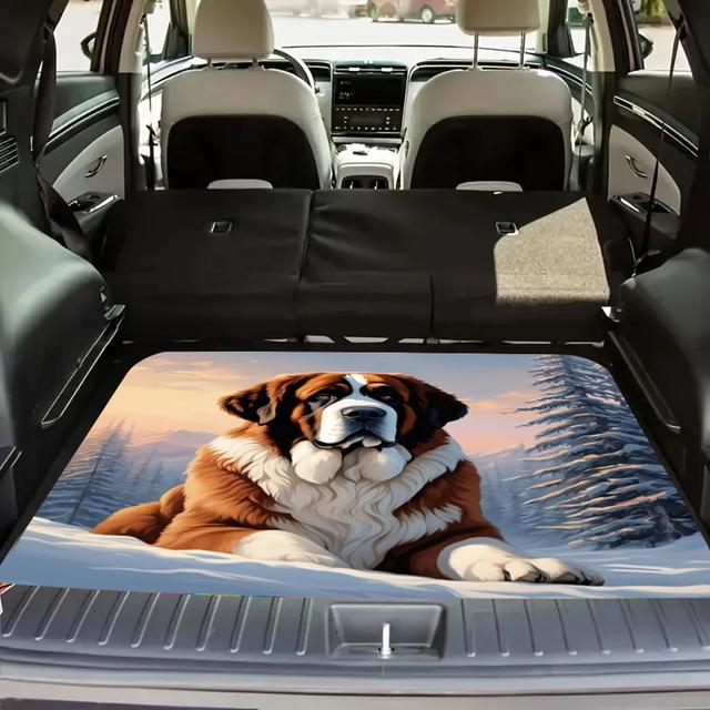 TEMU A Cute St. Dog Pattern Trunk Mat Non-slip And Durable, Serving As A Protective Mat. Pet-friendly, Odorless, Easy To Clean, And Suitable For Car Models, Making It An Essential Travel Accessory.