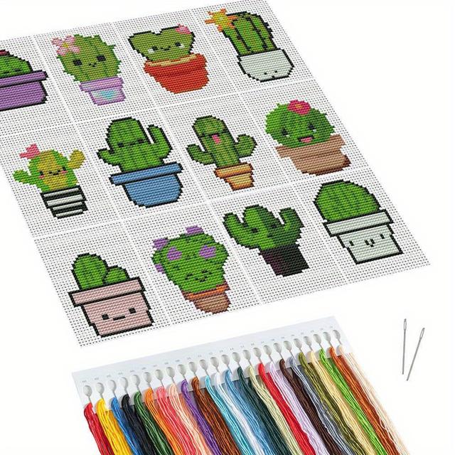 TEMU Kit de Bordado de Punto de Cruz para Principiantes de 12 Piezas - Suministros de Bordado de Cactus, Bordado de Punto de Cruz , de Plantas, Hobby y Decoración del Hogar